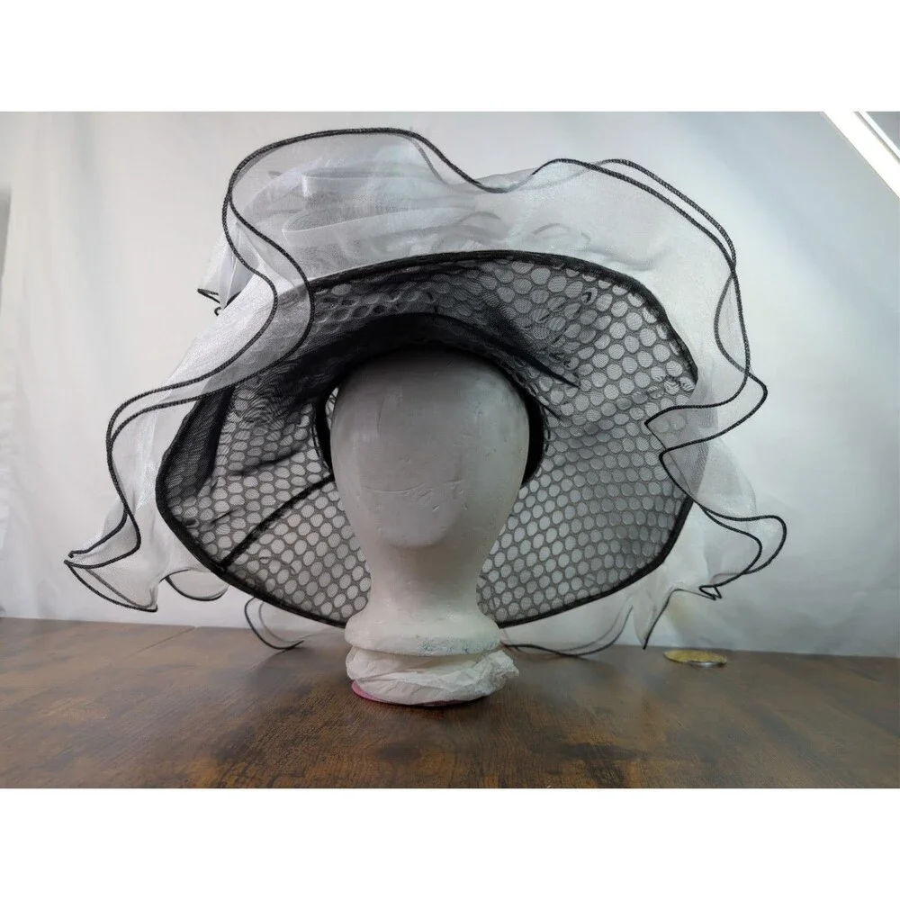 Organza Church Hat Women Kentucky Derby Wide Brim Black White Dress Tea Party